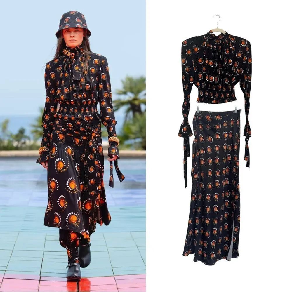 NEW Paco Rabanne Runway motif-print ruffle wrap skirt + top set